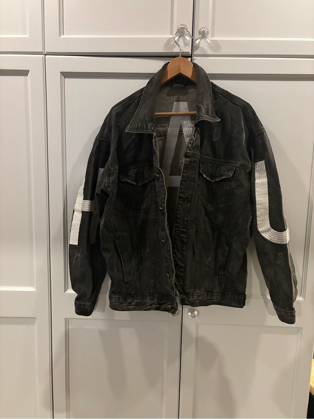 Distress Men's Black Denim Jacket with White Sleeve and back patches. Oversized
